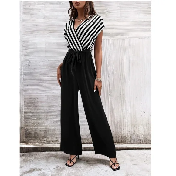 Striped Top V-Neck Surplice Short Sleeve White Black Wide Leg Jumpsuit - Picture 2 of 14
